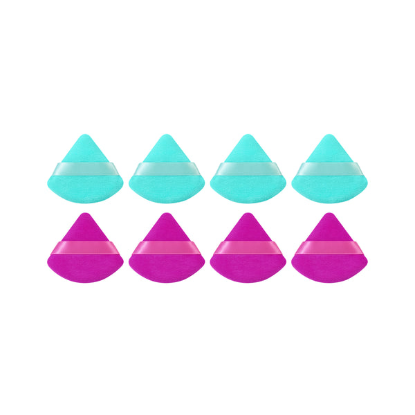 Assorted powder puffs: four turquoise and four purple tear-drop puffs
