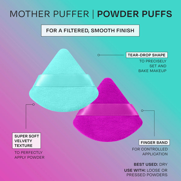 Turquoise and magenta tear-drop powder puffs with finger bands