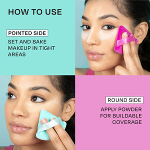 Turquoise and magenta powder puffs with finger bands used on face