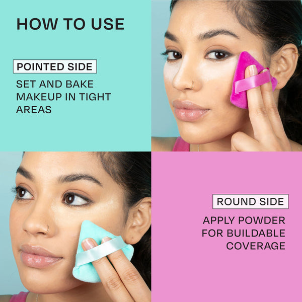 Turquoise and magenta powder puffs with finger bands used on face