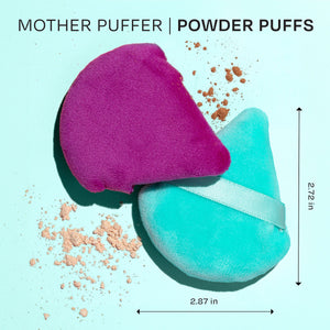 Powder puff pair: purple and turquoise tear-drop puffs with finger bands