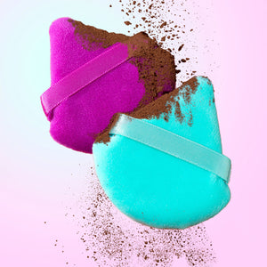 Freeman Mother Puffer Powder Puff Set in pink and teal with loose brown powder