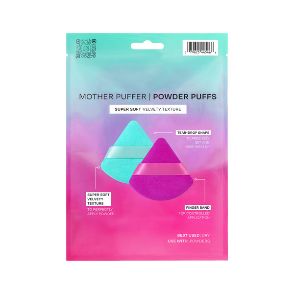 Freeman Mother Puffer Powder Puff Set in teal and purple tear drop shapes with finger bands in packaging