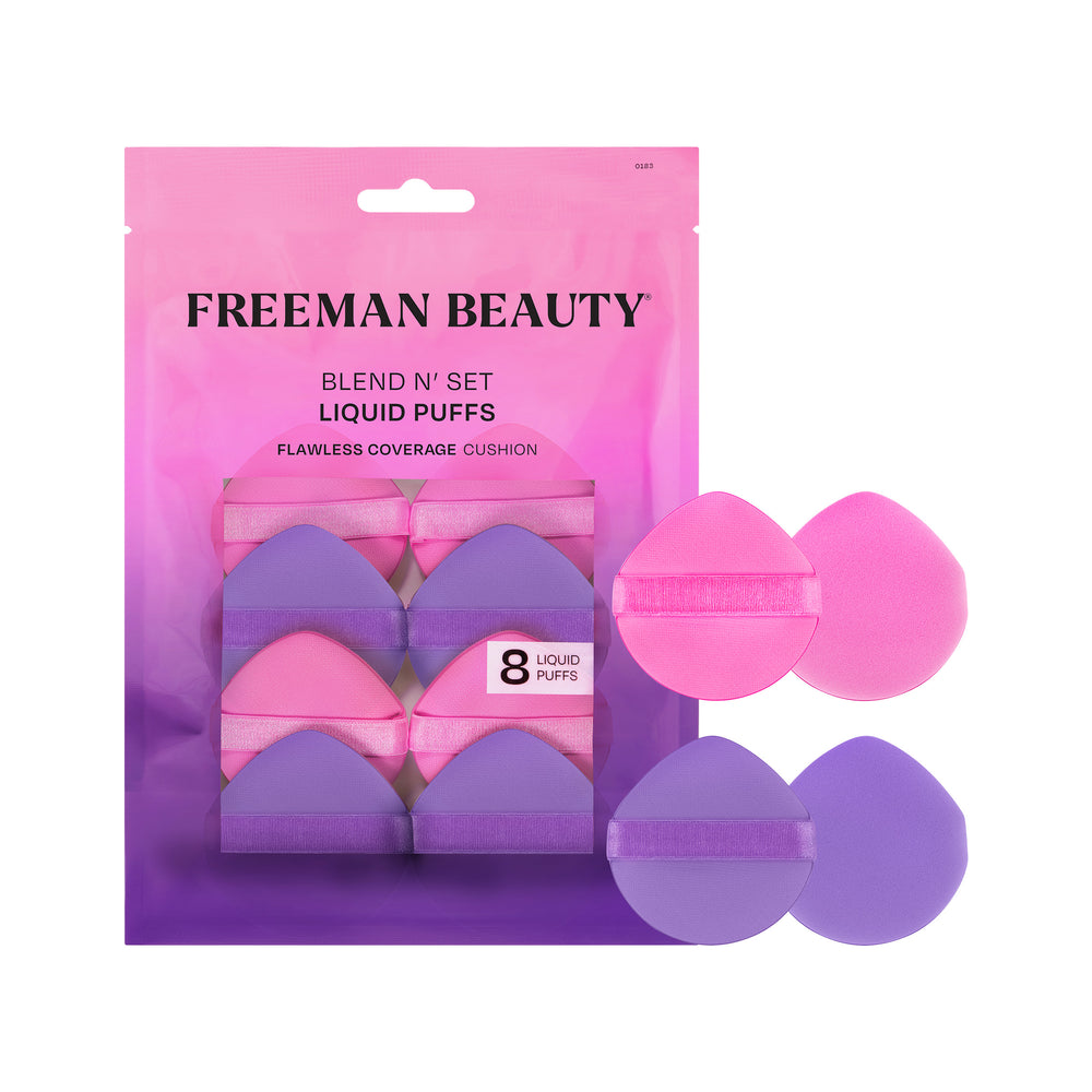 Eight round liquid makeup puffs in pink and purple, flat strap bands