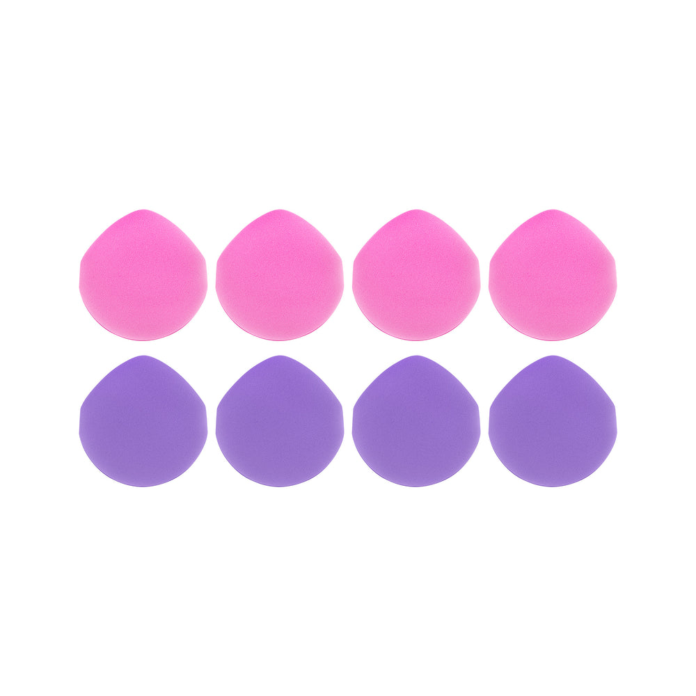 Eight round liquid makeup puffs in pink and purple, flat strap bands