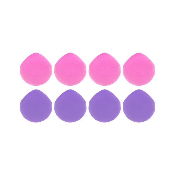 Eight round liquid makeup puffs in pink and purple, flat strap bands