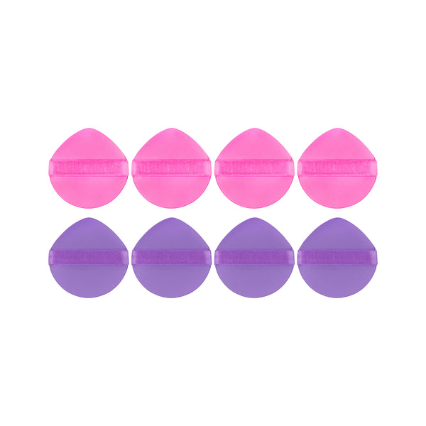 Eight round liquid makeup puffs: four hot pink and four purple with flat strap tops