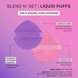 Freeman Blend N Set Liquid Puff Set featuring purple and pink droplet shaped makeup sponges with finger bands
