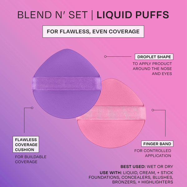 Freeman Blend N Set Liquid Puff Set featuring purple and pink droplet shaped makeup sponges with finger bands