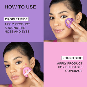 Freeman Blend N Set Liquid Puff Set showing droplet side for nose and eyes and round side for buildable coverage