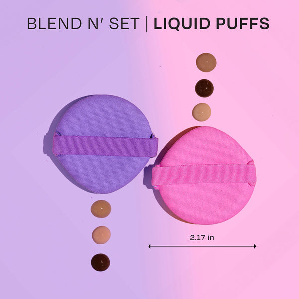 Two liquid makeup puffs, one lavender and one pink, with loop bands