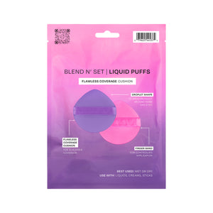 Freeman Blend N Set Liquid Puff Set packaging showing two droplet shaped makeup sponges with finger bands