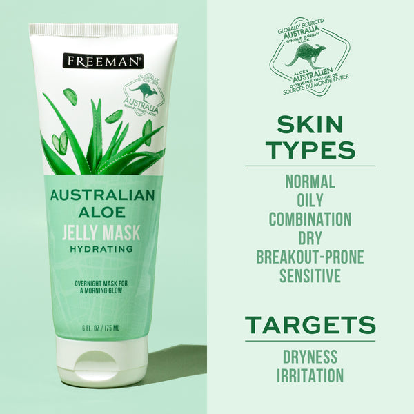 Freeman Beauty Exotic Blends Hydrating Australian Aloe Jelly Mask tube with skin type and target information