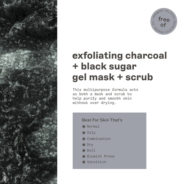 Exfoliating charcoal + black sugar gel mask + scrub product info panel