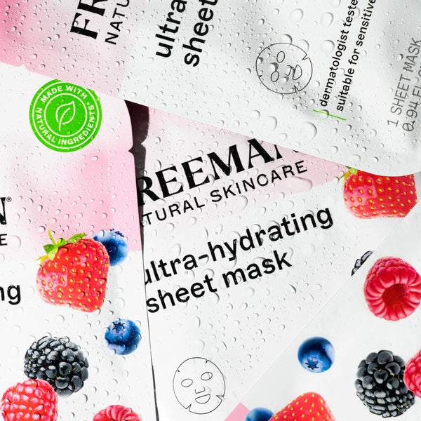 Freeman ultra-hydrating sheet mask pouch close-up with green healing seal
