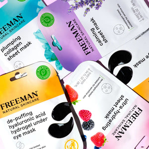 Close-up of assorted Freeman natural skincare masks and under-eye patch packs.