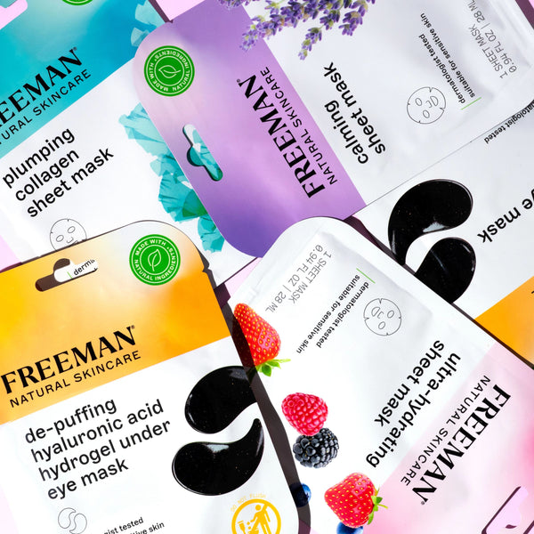 Close-up of assorted Freeman natural skincare masks and under-eye patch packs.