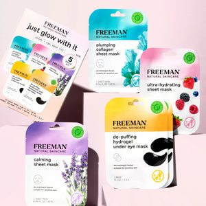Facial mask set packaging with five sheet and eye masks, assorted colors.