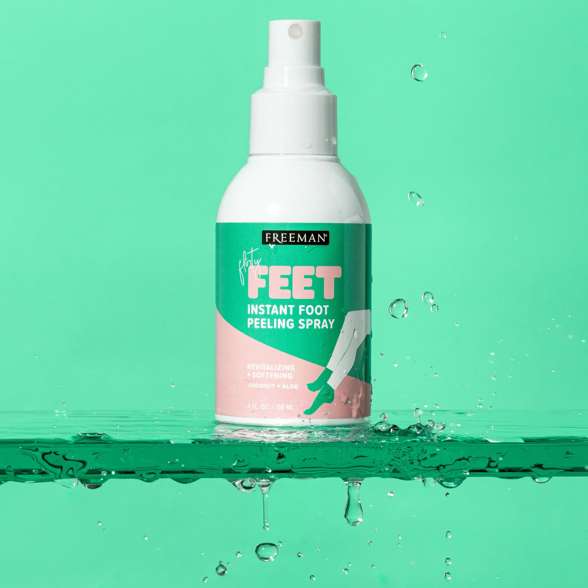 Spray bottle with green and white label, droplets floating on a bright green background