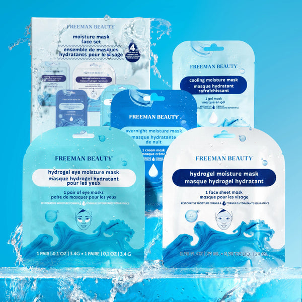 Freeman Moisture Mask Face Set containing four individual facial masks with water splash effects