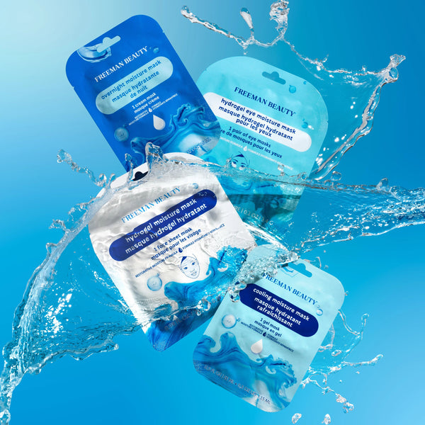 Freeman Moisture Mask Face Set featuring four individual skincare mask packets surrounded by splashing water