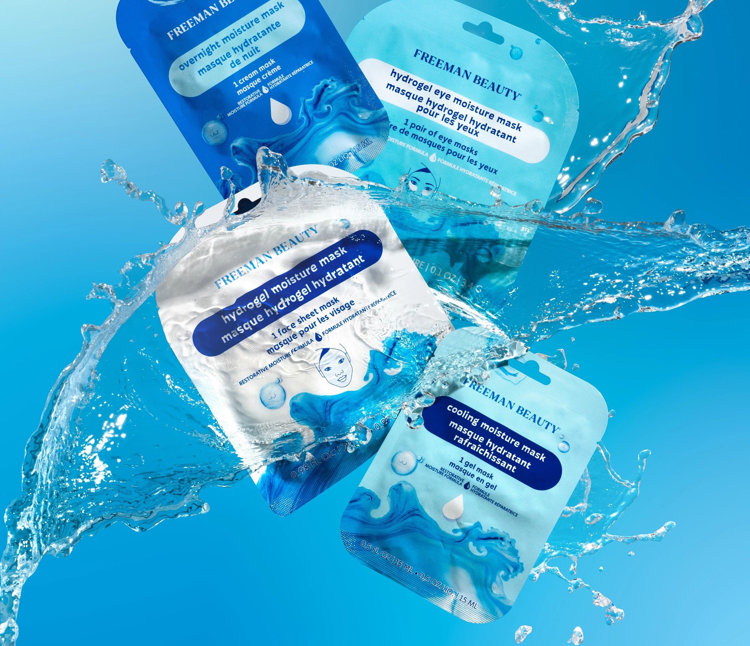 Four Freeman Beauty moisture mask packets surrounded by splashing water on a blue background