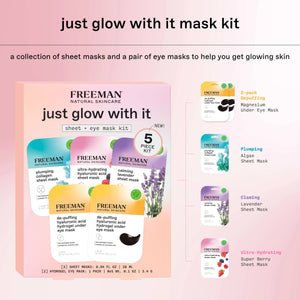 Boxed sheet and eye mask kit showing five masks for a facial skincare set.