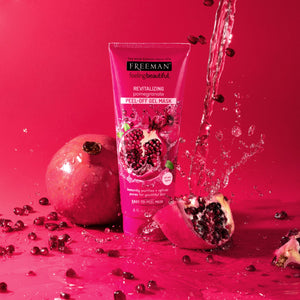 Peel-off gel mask tube with pomegranate graphics and water splash