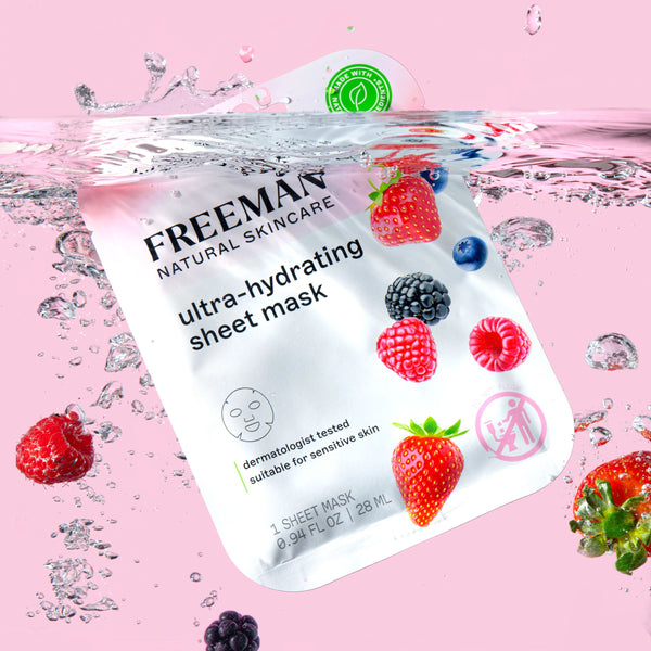 Freeman ultra-hydrating sheet mask pouch angled with berry icons and water splash