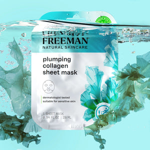 Freeman plumping collagen sheet mask pouch floating in water with teal splash