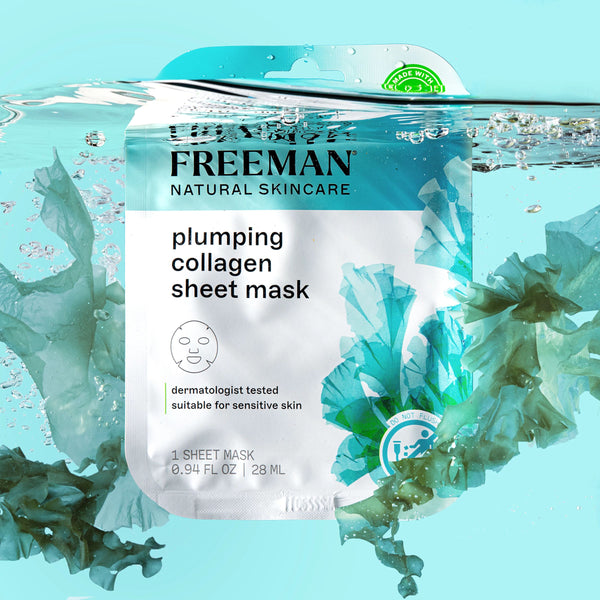 Freeman plumping collagen sheet mask pouch floating in water with teal splash
