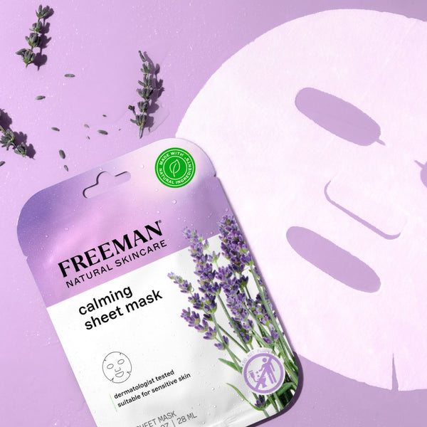 Freeman calming sheet mask package with lavender sprigs