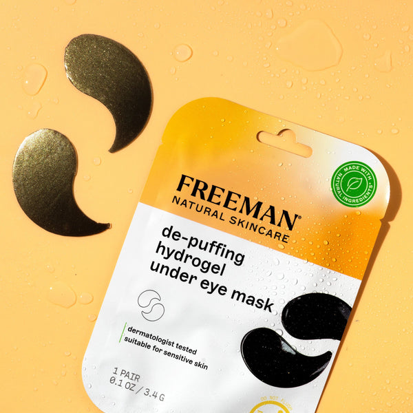 De-puffing hydrogel under eye mask pouch with black patch graphics, FREEMAN