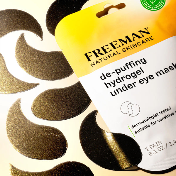 Hydrogel under-eye mask pouch with several black crescent patches around it
