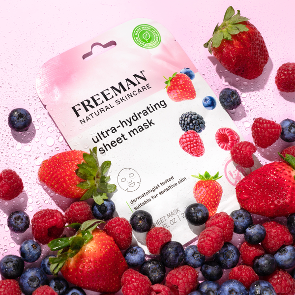 Freeman ultra-hydrating sheet mask pouch with fruit illustrations and water droplets