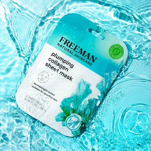 Freeman plumping collagen sheet mask pouch on blue water with splashing bubbles