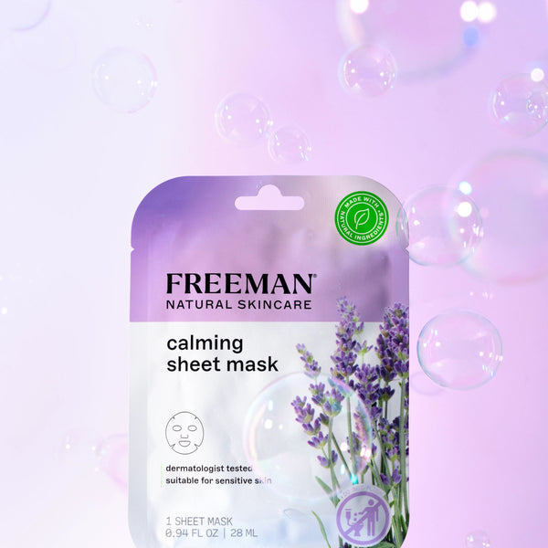 Freeman calming sheet mask package with lavender flowers and size details