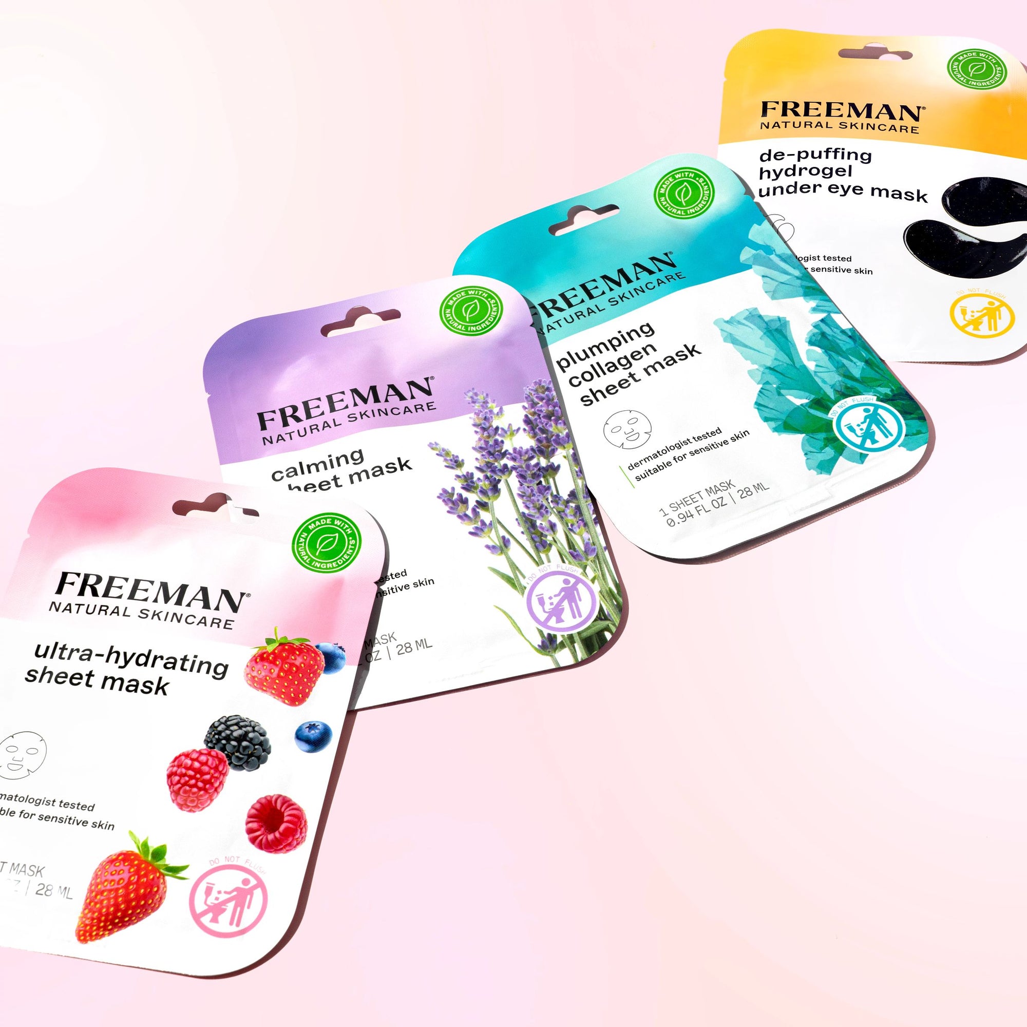 Facial sheet masks with lavender and berry graphics, plus a de puffing hydrogel mask package on pink background