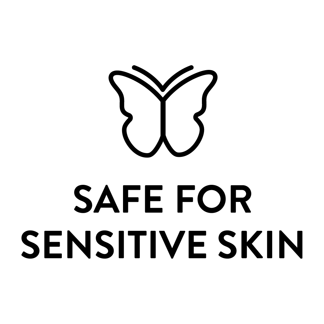 Butterfly icon above text reading Safe for Sensitive Skin in bold black letters on white background
