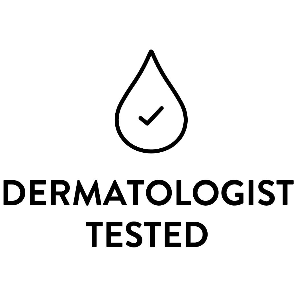 Droplet icon with check mark above the text Dermatologist tested on a white background
