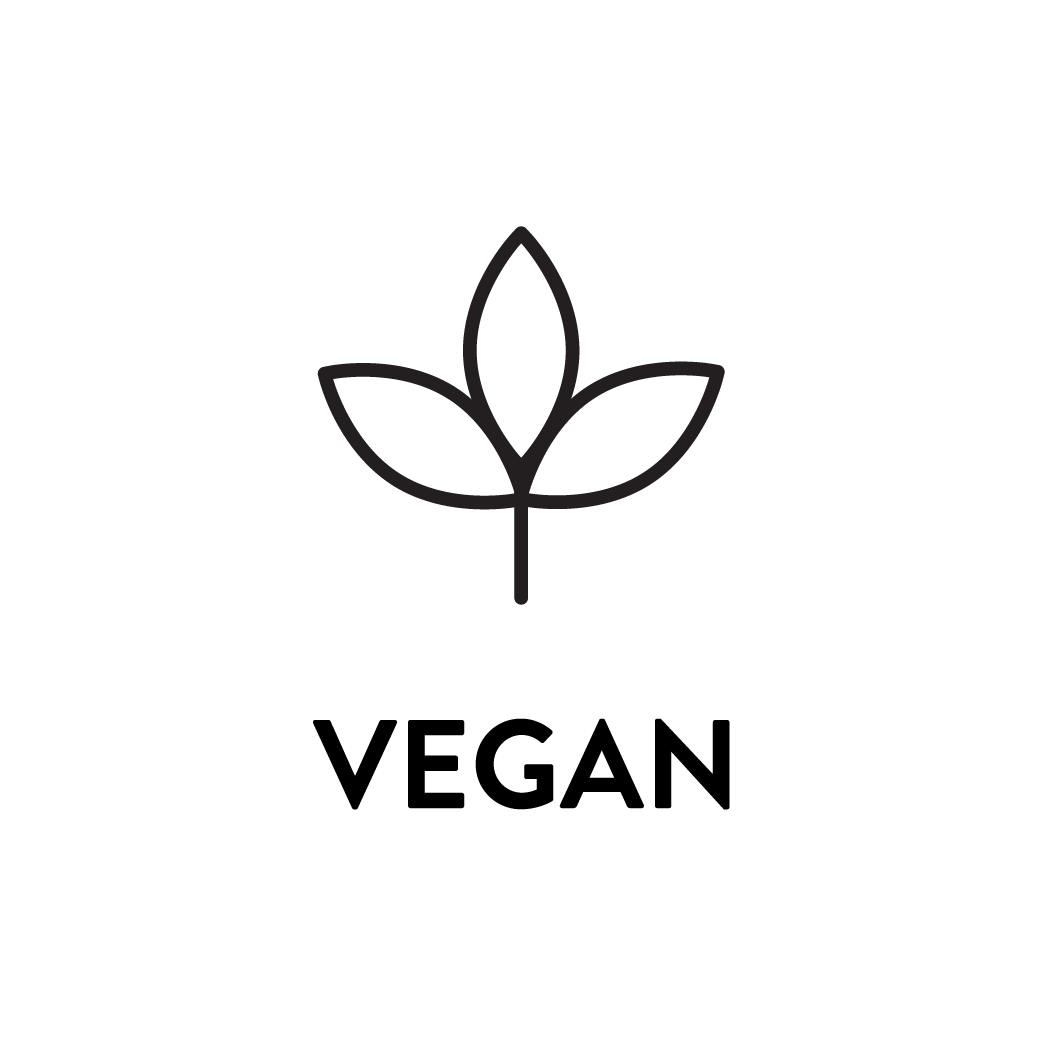 Vegetarian leaf icon above the word VEGAN in bold black letters on a white background