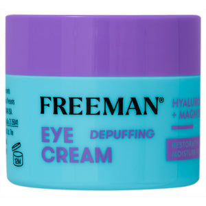 FREEMAN eye cream container with blue base and purple lid, front label visible