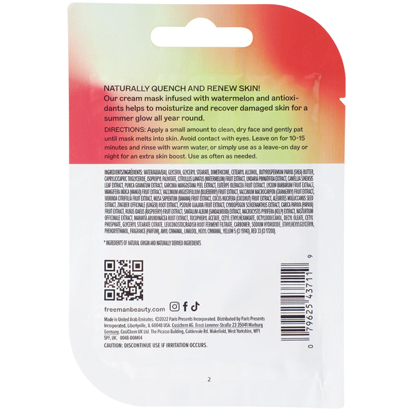 Freeman Natural Skincare hydrating cream mask back panel with barcode and directions