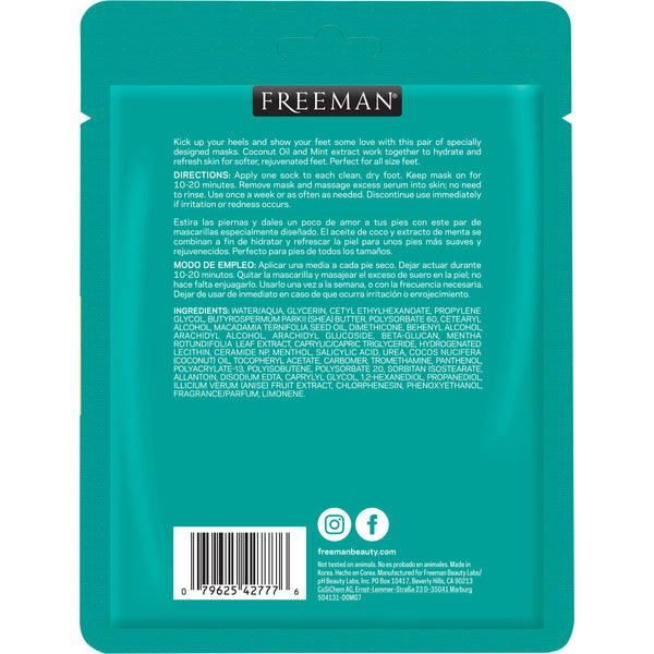 Freeman foot mask back pouch with directions and ingredients panel, teal package