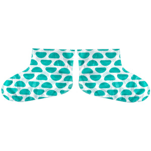 Teal and green patterned foot mask booties, open-toe style for softening feet