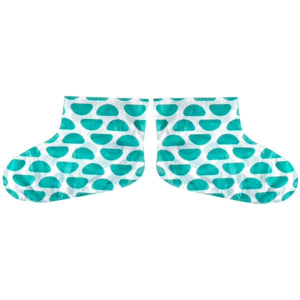 Teal and green patterned foot mask booties, open-toe style for softening feet
