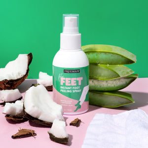 Freeman instant foot peeling spray bottle with coconut pieces and aloe leaves