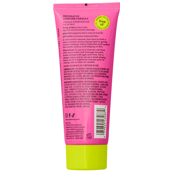 Facial cleanser and mask tube, pink with green cap, back label view
