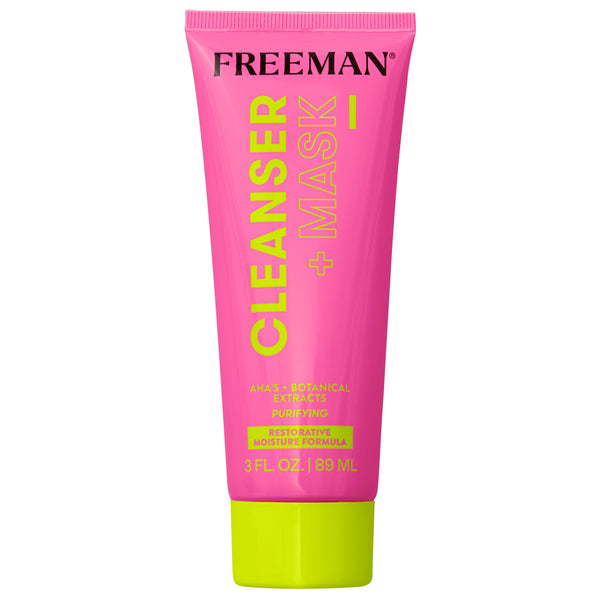 Facial cleanser and mask tube, pink front with FREEMAN branding and green cap