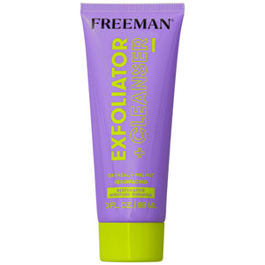 Facial exfoliator cleanser tube in purple with lime green bottom